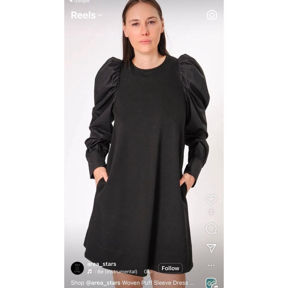 Area Stars Woven Puff Sleeve Shift Dress Mini Midi Cotton Blend Black Small NWT